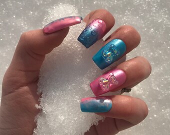 Cotton Candy Teddy Bears | Kawaii Nails | Soft Nails | Pink and Blue Nails | Teddy Bear Nails | Charm Nails |