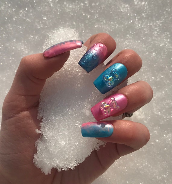 Cotton Candy Teddy Bears Kawaii Nails Soft Nails Pink and Blue Nails Teddy Bear  Nails Charm Nails 