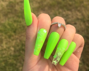 Neon Green Butterfly | Butterfly Nails | Green Nails | Neon Green Nails | Trendy Nails | Long Ballerina Nails | False Nails | Press on Nails