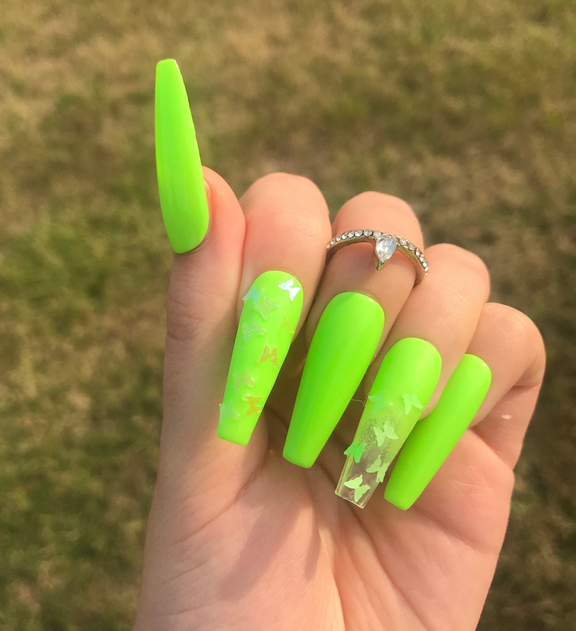 Neon Green Nails With Rhinestone Accents.  Neon green nails, Green nails,  Neon nails