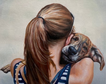 May include: A painting of a woman with long brown hair in a ponytail, wearing a striped tank top, hugging a brown and white dog. The dog has its head resting on the woman's shoulder.