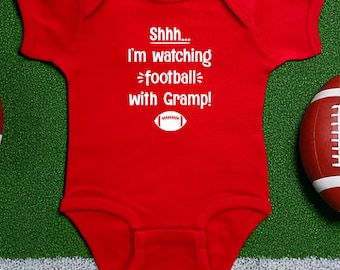Shhh... I'm Watching Football With Gramp Color Baby Bodysuit, Fall Infant Pregnancy Announcement, Sports Fan Themed Baby Shower Gift