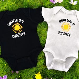 Abuelito&#39;s Sunshine White or Black Infant Bodysuit or Toddler Shirt, Unique Baby Shower Gift, Pregnancy Reveal Present, Curved Font