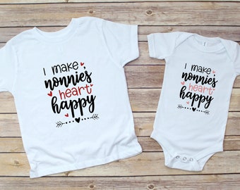 I Make Nonnie's Heart Happy White Infant Bodysuit or Toddler T-Shirt, Surprise Grandparent Present, Valentine’s Day Baby Shower Gift