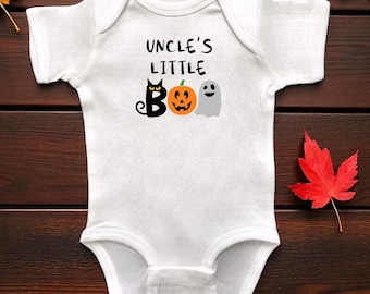Uncle’s Little Boo Halloween White Infant Bodysuits or Toddler T-Shirts, Fall Baby Shower, Bat, Pumpkin, Ghost Apparel