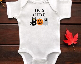 Tio’s Little Boo Halloween White Infant Bodysuits or Toddler T-Shirts, Fall Baby Shower, Bat, Pumpkin, Ghost Apparel