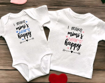 I Make Mimi's Heart Happy White Infant Bodysuit or Toddler T-Shirt, Surprise Baby Announcement, Valentine’s or Mother's Day Gift
