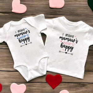 I Make Mamaw's Heart Happy White Infant Bodysuit or Toddler T-Shirt, Surprise Baby Announcement, Valentine’s or Mother's Day Gift
