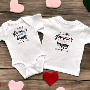 I Make Glamma&#39;s Heart Happy White Infant Bodysuit or Toddler T-Shirt, Surprise Baby Announcement, Valentine’s or Mother&#39;s Day Gift
