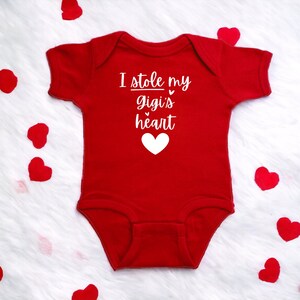 I Stole My Gigi's Heart Red Infant Bodysuit, Surprise Grandparent Announcement Present, Valentine’s or Mother's Day Baby Shower Gift