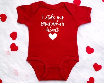 I Stole My Grandma's Heart Red Infant Bodysuit, Surprise Grandparent Announcement Present, Valentine’s or Mother's Day Baby Shower Gift