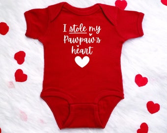 I Stole My Pawpaw's Heart Red Infant Bodysuit, Surprise Grandparent Announcement Present, Valentine’s or Father's Day Baby Shower Gift