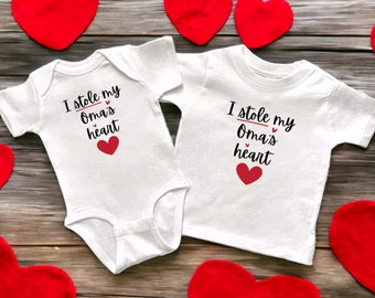 I Stole My Oma's Heart White Infant Bodysuit or Toddler T-Shirt, Surprise Baby Announcement, Valentine’s or Mother's Day Gift