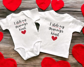I Stole My Grammy's Heart White Infant Bodysuit or Toddler T-Shirt, Surprise Baby Announcement, Valentine’s or Mother's Day Gift