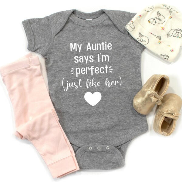 Aunty Baby T-Shirt – 'My Auntie Says I'm Cutest Niece Ever' – 100% Cotton White – Aunt Gift