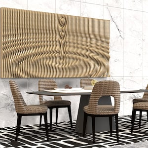 May include: A dining room with a black and white patterned rug, a dark grey table with four chairs, and a large wooden wall art piece with a wavy pattern.