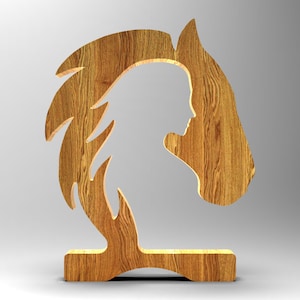 May include: Wooden horse head silhouette cutout with a natural wood grain finish. The horse head is mounted on a wooden base.