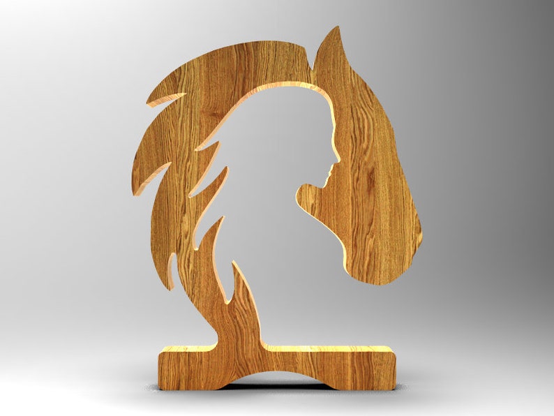 May include: Wooden horse head silhouette cutout with a natural wood grain finish. The horse head is mounted on a wooden base.