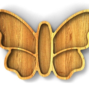 May include: A wooden butterfly-shaped shelf with five compartments. The shelf is made of light brown wood with a natural grain pattern.