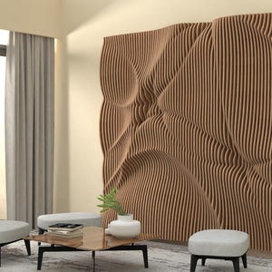 May include: A large, textured wooden wall panel with a wave-like design dominates the room. The panel is made of vertical wooden slats, creating a 3D effect. The room also features a coffee table, ottomans, and a window with a view.