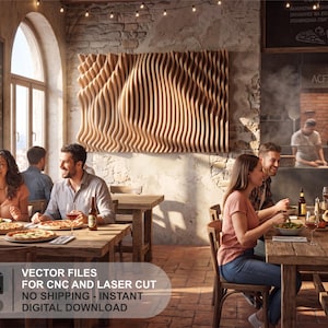 May include: A rectangular wall art piece featuring a series of vertical, undulating wooden slats with a natural light brown finish. The artwork is displayed on a textured stone wall inside a restaurant setting with tables, chairs, and people.