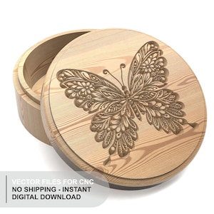 May include: A wooden round box with a lid featuring an engraved butterfly design. The butterfly has detailed wing patterns. The box is made of light-colored wood. The image also includes text: VECTOR FILES FOR CNC, NO SHIPPING - INSTANT, DIGITAL DOWNLOAD.