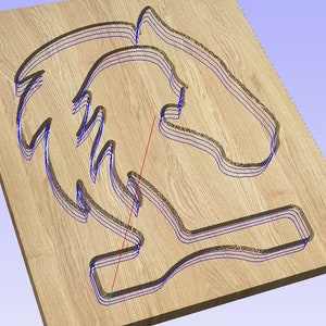 May include: A wooden plaque with a detailed, layered design of a horse's head carved into the surface. The design is outlined in blue lines.