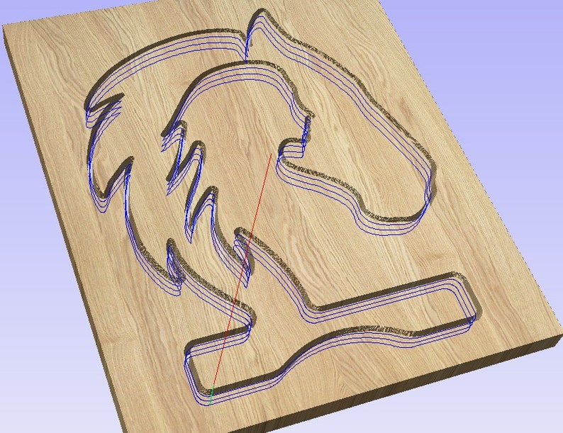 May include: A wooden plaque with a detailed, layered design of a horse's head carved into the surface. The design is outlined in blue lines.