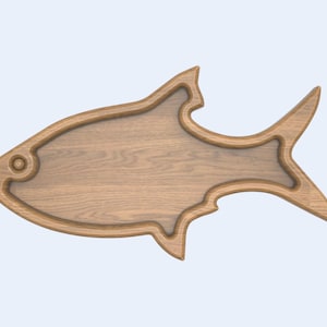 Könnte beinhalten: Ein dekoratives Objekt in Fischform aus Holz. Der hellbraune Fisch weist ein detailliertes Holzmaserungsmuster auf. Das Design umfasst Kopf, Körper und Schwanz mit einem kreisförmigen Augendetail. Ideal für die Inneneinrichtung.
