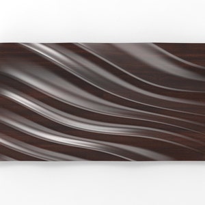 Puede incluir: Un panel de pared de madera marrón oscuro con un diseño ondulado y fluido. El panel tiene un acabado brillante y un efecto 3D.
