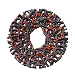 May include: A circular, black and orange, intricate, 3D, geometric design with a hole in the centre.