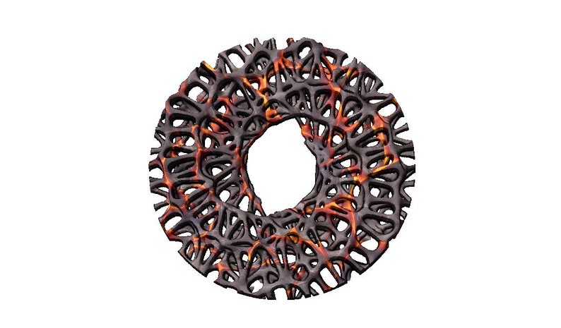 May include: A circular, black and orange, intricate, 3D, geometric design with a hole in the centre.