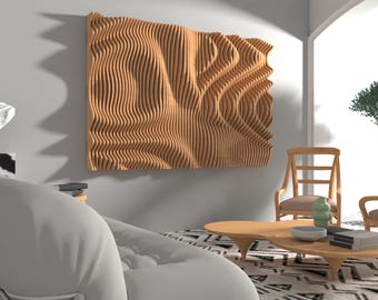 May include: A large, abstract wooden wall art piece with a wave-like design. The artwork is made of vertical wooden slats, creating a textured, three-dimensional effect. The piece is mounted on a gray wall in a modern living room setting.