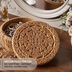May include: A round wooden jewellery box featuring an intricate carved geometric pattern on the lid. The box is open, revealing various gold-toned necklaces, rings, and bracelets inside. Text on the image reads: SVG DXF AI VECTOR FILES FOR CNC.