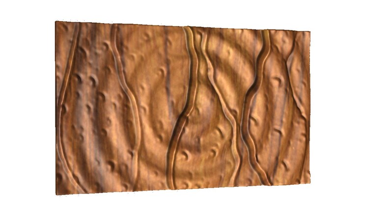 May include: A brown wood wall panel with a raised, textured design of swirling lines and circles.