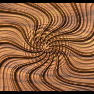 May include: A wooden panel with a swirling, wave-like pattern carved into its surface. The design radiates from a central spiral, with the grooves creating a sense of depth and movement. The color is a warm, natural brown.