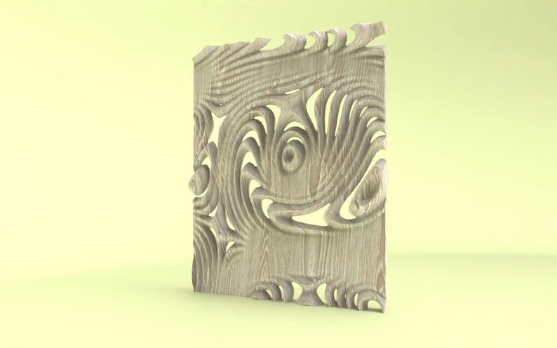 K&ouml;nnte beinhalten: Eine Holzverkleidung mit einem geschnitzten Design aus wirbelnden Linien und Formen. Die Verkleidung ist hellbraun und hat eine nat&uuml;rliche Holzmaserung.