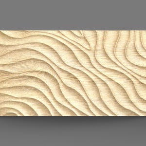 May include: A light brown wood panel with a carved wavy pattern. The wood has a natural grain and a light, warm tone.