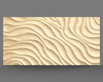 May include: A light brown wood panel with a carved wavy pattern. The wood has a natural grain and a light, warm tone.