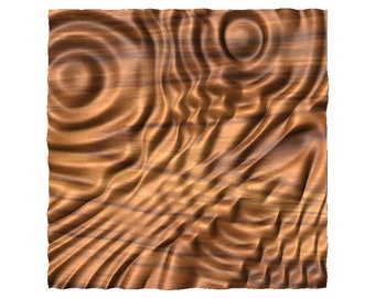 May include: A square, textured wooden panel with a warm brown color. The wood grain features swirling patterns and undulating waves, creating a sense of depth and movement. The edges have a slightly rough, torn appearance.