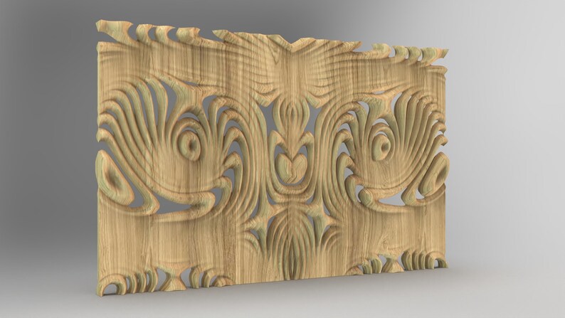 K&ouml;nnte beinhalten: Eine Holzverkleidung mit einem geschnitzten Design aus wirbelnden Mustern. Die Verkleidung ist aus hellbraunem Holz gefertigt und hat eine nat&uuml;rliche Oberfl&auml;che.