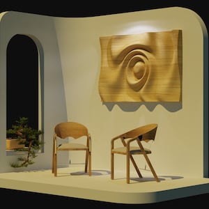 May include: Two wooden chairs with light brown upholstery sit on a platform in front of a wall with a large, abstract wooden wall sculpture. A small potted plant is visible in the background.