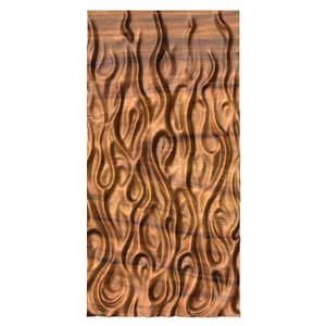 May include: A wood panel with a carved flame pattern. The wood is a rich brown color with darker brown streaks.