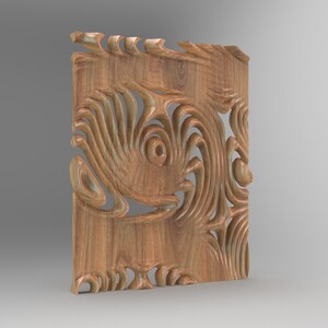 Puede incluir: Un panel de pared de madera con un diseño tallado de patrones en espiral. El panel está hecho de madera marrón claro y tiene una veta de madera natural.