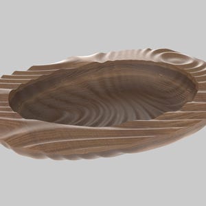 May include: A handcrafted wooden bowl with a unique, organic design. The bowl features a carved, textured exterior and a smooth, rounded interior. The wood grain is visible, showcasing the natural beauty of the material. The bowl is approximately 12 inches long.