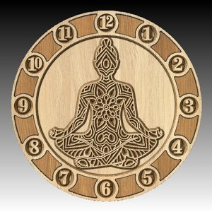 May include: A wooden clock with a circular design featuring a detailed mandala pattern and a figure in a yoga pose. The clock face has Roman numerals around the edge.