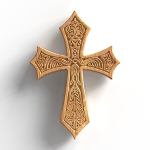 May include: A wooden cross with intricate carvings in a Celtic knot design. The cross is a light brown color and has a white background.