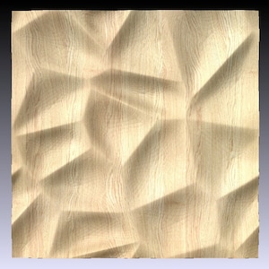 May include: A light brown wood panel with a textured, geometric pattern. The panel has a raised, three-dimensional design.