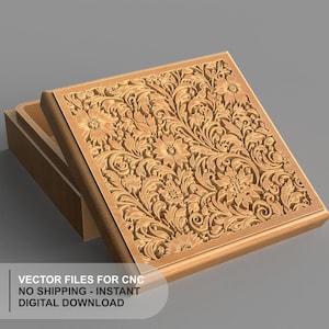 May include: A square wooden box with a lid featuring an intricate, carved floral and scrollwork pattern. The box is shown at an angle, revealing the top and one side. Text on the image reads: SVG DXF AI VECTOR FILES FOR CNC NO SHIPPING - INSTANT DIGITAL DOWNLOAD.