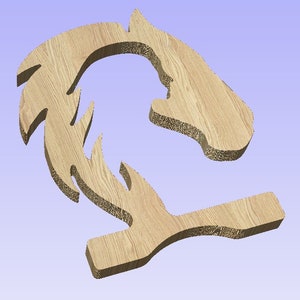 May include: Wooden horse head cutout with a stylized mane. The horse head is facing to the left and the mane is flowing behind it. The cutout is made of light brown wood.
